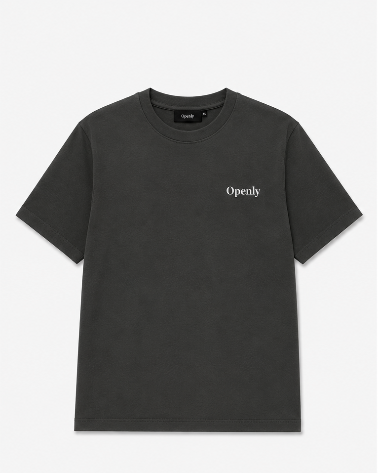 A dark charcoal gray short-sleeve t-shirt shown from both the front and back views against a light gray background. The front view features the brand name 'Openly' printed in white on the left chest.