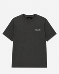 A dark charcoal gray short-sleeve t-shirt shown from both the front and back views against a light gray background. The front view features the brand name 'Openly' printed in white on the left chest.