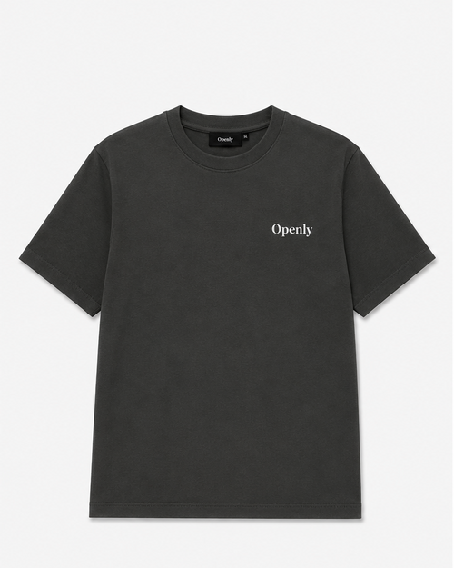 A dark charcoal gray short-sleeve t-shirt shown from both the front and back views against a light gray background. The front view features the brand name 'Openly' printed in white on the left chest.